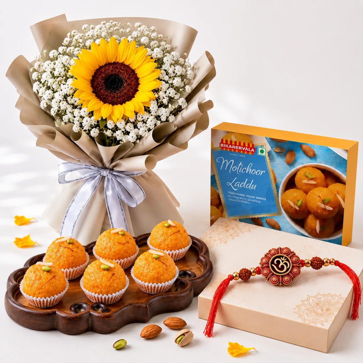 Sunflower, Laddoo and Om Rakhi Gift Hamper featuring a fresh sunflower bouquet, gypsophila, 250 g motichur laddoos and an Om rakhi